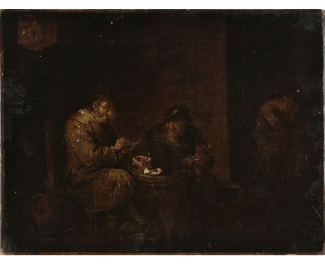 * Follower of David Teniers. (1610-1690). Peasants Drinking in a Tavern, oil on canvas, old relining, surface with some marks