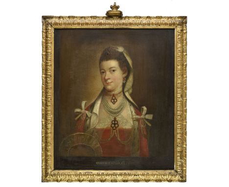 * English School. Study of Queen Charlotte, mid 18th century, half-length oil on canvas portrait, captioned to lower edge, re