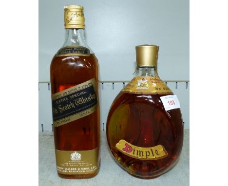 A bottle of Dimple old blended scotch whisky (750 ml 43º Vol/Alc), and a bottle of Johnnie Walker Black Label old scotch whis