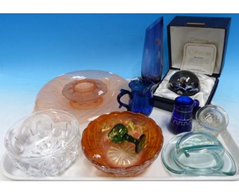 A Caithness Moonflower paperweight, boxed; a selection of decorative glassware