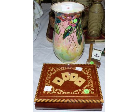 A Royal Winton lustre vase, height 8½"; an inlaid playing card box; a bridge suit indicator