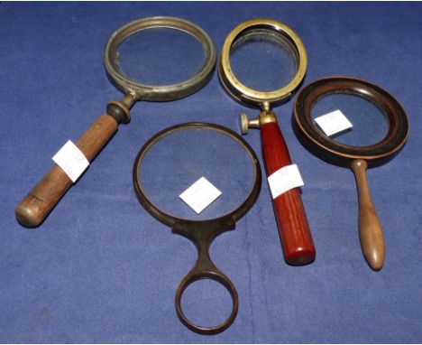A brass mounted specimen glass with adjustable bracket; 3 others