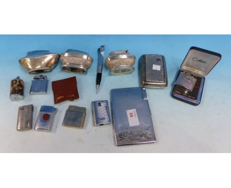 A collection of vintage cigarette lighters, cases etc;