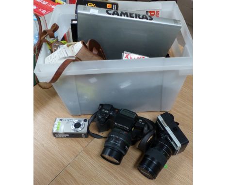 A Pentax SLR SF7 camera with spare lenses; other cameras and photographic equipment