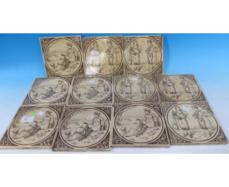 A set of 6 Victorian transfer printed tiles in the style of Walter Crane, depicting shepherd boy and dog; a set of 5 similar 