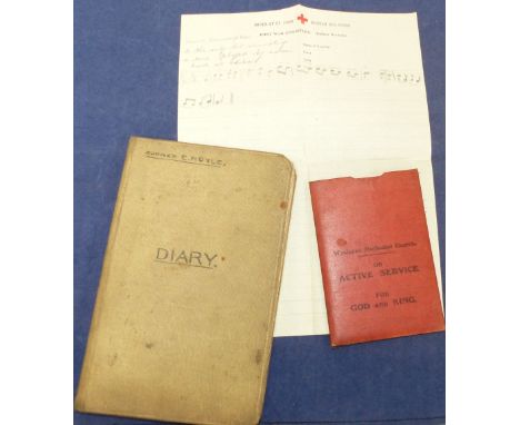 A WWI period manuscript diary of Gunner E Royle 736268 of Gorton Manchester, covering period from embarkation, approx 38 leav