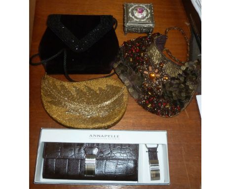 Three ladies beadwork evening bags; an Annapelle purse in original box; a trinket box