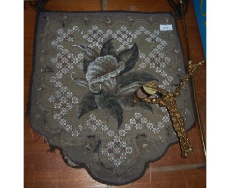A Victorian gilt metal folding screen bracket with beadwork fabric panel, beige ground