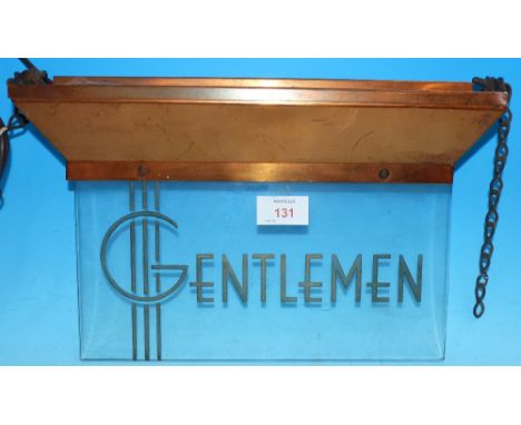 A 1930's cinema sign on glass "Gentlemen", on anodised bracket