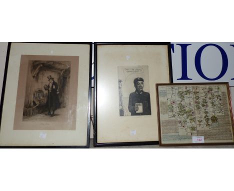 An 18th century road map Clown to Skipton, framed and glazed; after Peter Ford, signed cartoon etching, framed and glazed; an