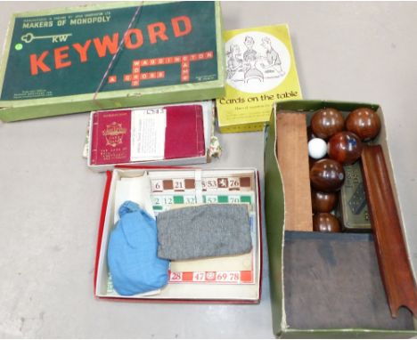 A set of hardwood carpet bowls; other vintage games