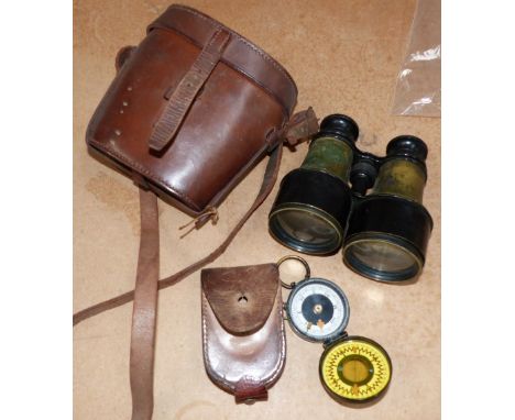 A WWI vintage brass cased military compass "The Magnapole" Series II; and a pair of similar period field glasses, leather cas