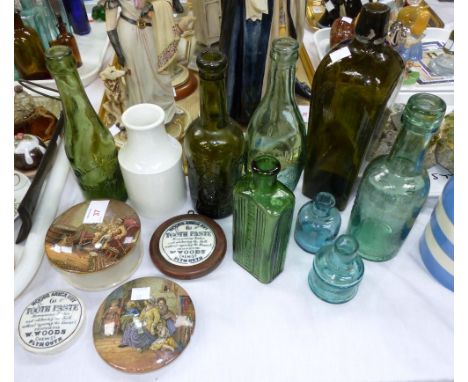 A 19th century Prattware pot lid:  "The Eucharist"; another "Hide and Seek"; a Moutarde de Maille pot; 8 old bottles; 2 Areca