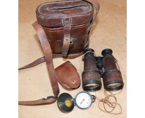 A WWI vintage brass cased military compass by Baker, London; and a pair of similar period field glasses, leather cases