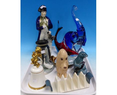 A selection of collectors glass animals, including Murano elephant and fish; a Nao group of ducks; a Poole otter; a Sylvac do