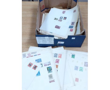 A vintage collection of stamps from Latin America, on leaves, mostly 19th century to pre-1945