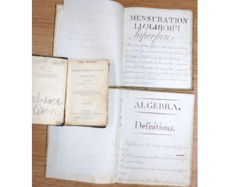 Two late 18th century vellum covered manuscript school copy books showing mathematical and geometric problems, one inscribed 