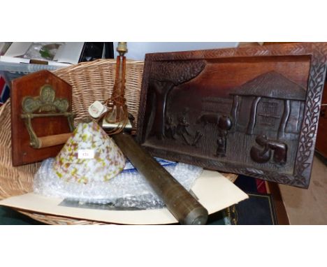 A brass scroll case with printed cloth scroll; a 1930's plastic table lamp; a spatter glass light shade; a vintage toilet rol