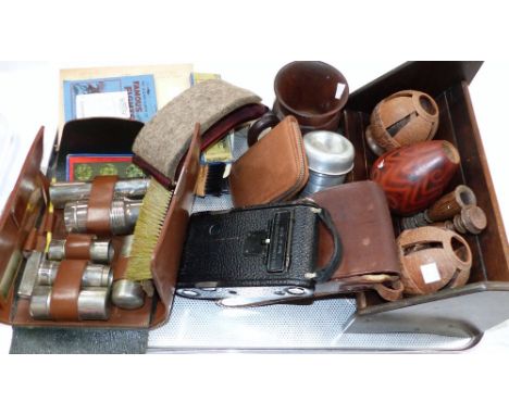 A selection of collectors’ items including leather cased shaving and manicure set; a Kodak folding camera; treen; a box of Mi