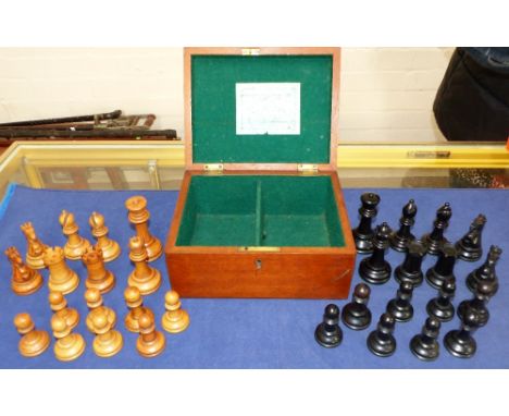 A Jaques & Son Staunton pattern chess set in original box (some pieces matched, weighed bases)