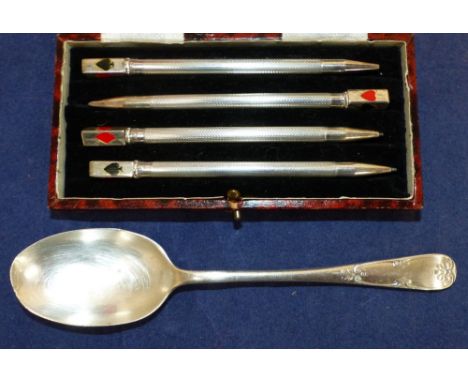 A boxed set of 4 engine turned bridge propelling pencils, stamped 'Sterling'; a silver teaspoon