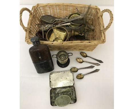 A small basket of metal ware items.  To include a Barrat &amp; Sons, Piccadilly hip flask and  set of 4 WMF coffee spoons. 