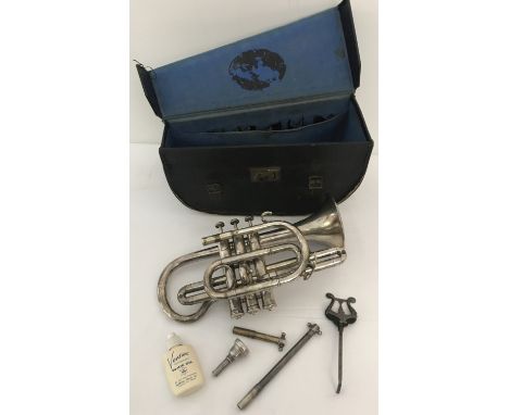 A vintage cased Salvation Army "Endurance Class" Cornet.  Complete with "Eesi-Lyp" mouthpiece, bottle of slide oil and music 