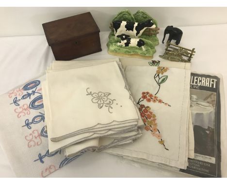 A quantity of assorted misc. items to include vintage linen, letter racks &amp; wooden elephant.  