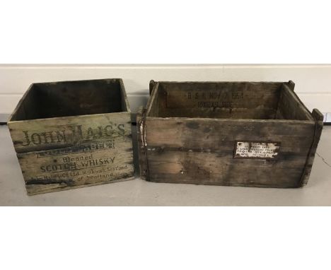 2 vintage wooden advertising crates.  An ex Ministry crate, dated 1954, together with a John Haig Scotch Whisky crate.  Large