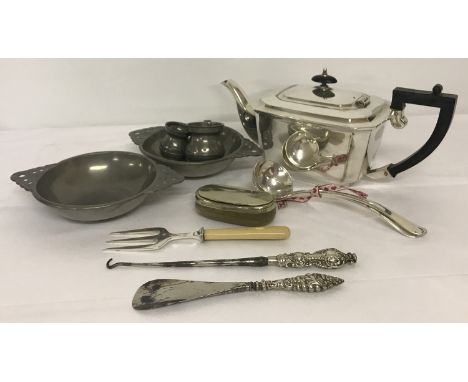 A small collection of mixed metal ware to include silver handled.  Comprising: silver plated Art Deco teapot, silver handled 