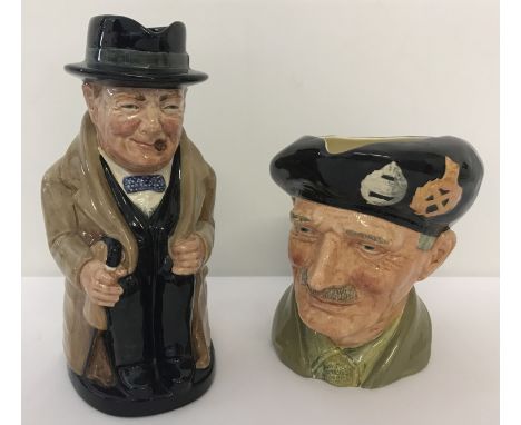 2 Royal Doulton ceramic character jugs.  Winston Churchill, approx. 22.5cm tall, together with Monty D6202, approx. 16cm tall