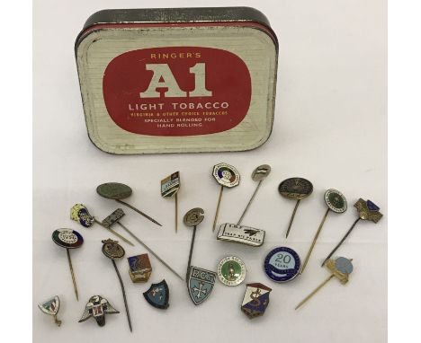 A collection of 22 vintage European football, sport and other pin &amp; lapel badges. In an old tobacco tin. 