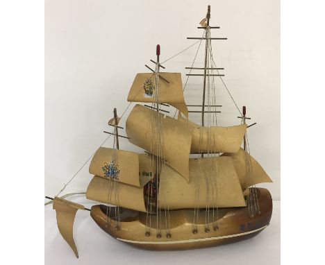 A vintage wooden lamp base in the shape of a ship.   Approx. 42cm tall x 44cm long.