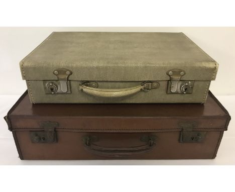 A small vintage brown leather suitcase together with a snake skin effect cream coloured briefcase.  Suitcase has W.S.H monogr