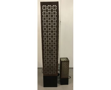 A suedette geometric pattern floor standing modern lamp  together with a matching table lamp.  