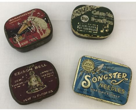 4 vintage gramophone needle cases and contents.  Comprising: red HMV, blue Songster Needles, burgundy Edison Bell and green C