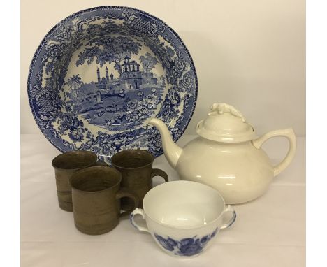 A small collection of vintage and antique ceramics.  Comprising: 3 studio pottery coffee mugs, a Victorian blue and white Wil