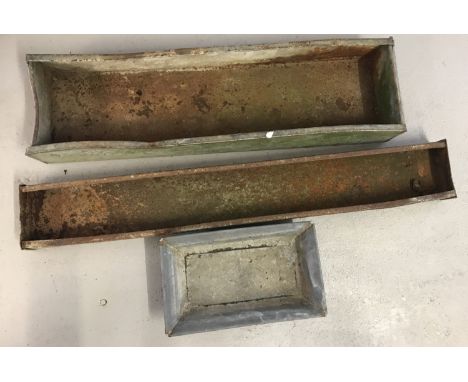 2 vintage galvanised feeding troughs together with a metal bonsai plant pot.   Largest approx. 77cm long.