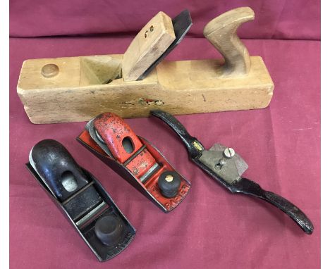 3 vintage Carpenters planes together with a Stanley spoke shave.  Planes comprising: W. Marples wood smoothing plane, Stanley