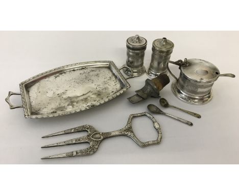 A small collection of silver plated items.  To include a matching salt, pepper and mustard pot complete with blue liners and 