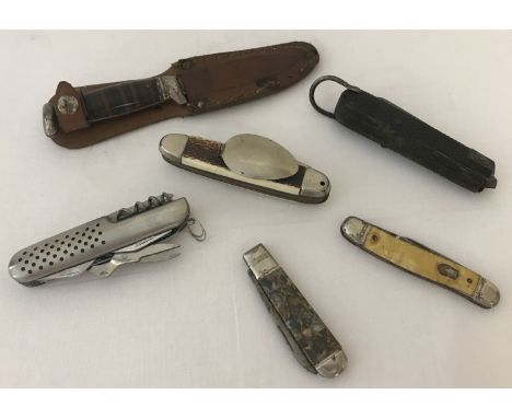 6 assorted vintage penknives.  To include small pocket knife in sheath, a Jowika, Ireland, camping knife with cutlery attachm