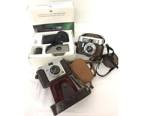 3 Vintage Cameras. c1960's Voigtlander VITO CLR and Ilford Sportsman 35mm cameras &amp; flash, and boxed Boots 500AF Autofocu