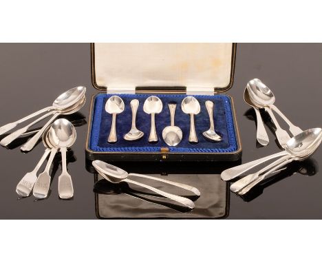 A pair of George III silver teaspoons, Hester Bateman, no date letter, nine fiddle pattern silver teaspoons, HH, London 1871,