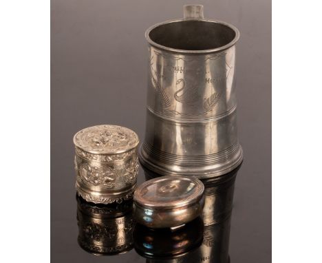 A Chinese white metal box and cover of cylinder-shape decorated goldfish and branches, 7cm diameter, a Victorian pewter quart