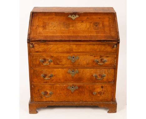 A Queen Anne walnut bureau, the fitted interior behind a fall flap, the front with oyster panel within cross banding and herr