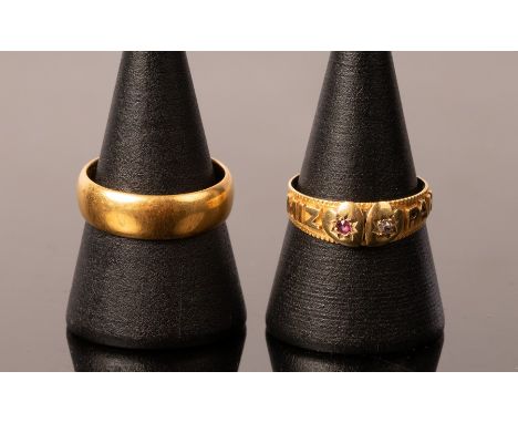 A 22ct gold wedding band, size P, approximately 7.9g and a 15ct gold mizpah ring set with a ruby and diamond, size P, approxi