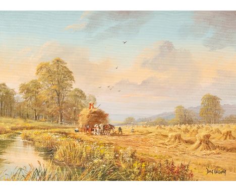 Don Vaughan (1916-2005?)/The Harvest/a wheat field with corn stooks, cart and family picnicking/signed/oil on canvas, 48cm x 