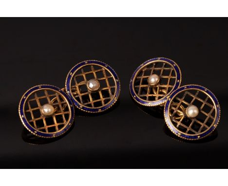 A pair of dress cufflinks, the circular panels of trellis design with central pearl and blue enamel border, approximately 5g 
