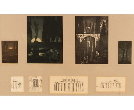 Stella Langdale (1880-1976)/Four aquatints and four pencil sketches, framed as one, the pencil sketches each depicting Stoneh