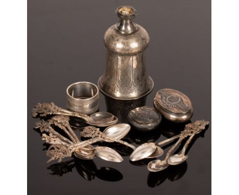 A set of twelve Malay white metal teaspoons, HN, Kelantan, each with badge of a Malaysian state to the terminal, a German .80